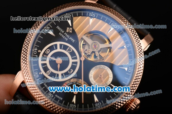 Patek Philippe Complications ST Power Reserve Automatic Rose Gold Case with Brown Leather Bracelet Black/Yellow Dial and Silver Stick Markers - Click Image to Close